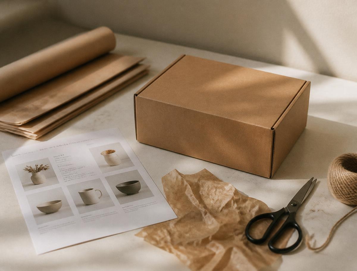 Table de préparation de commandes e-commerce avec un carton, du papier kraft et une fiche produit imprimée